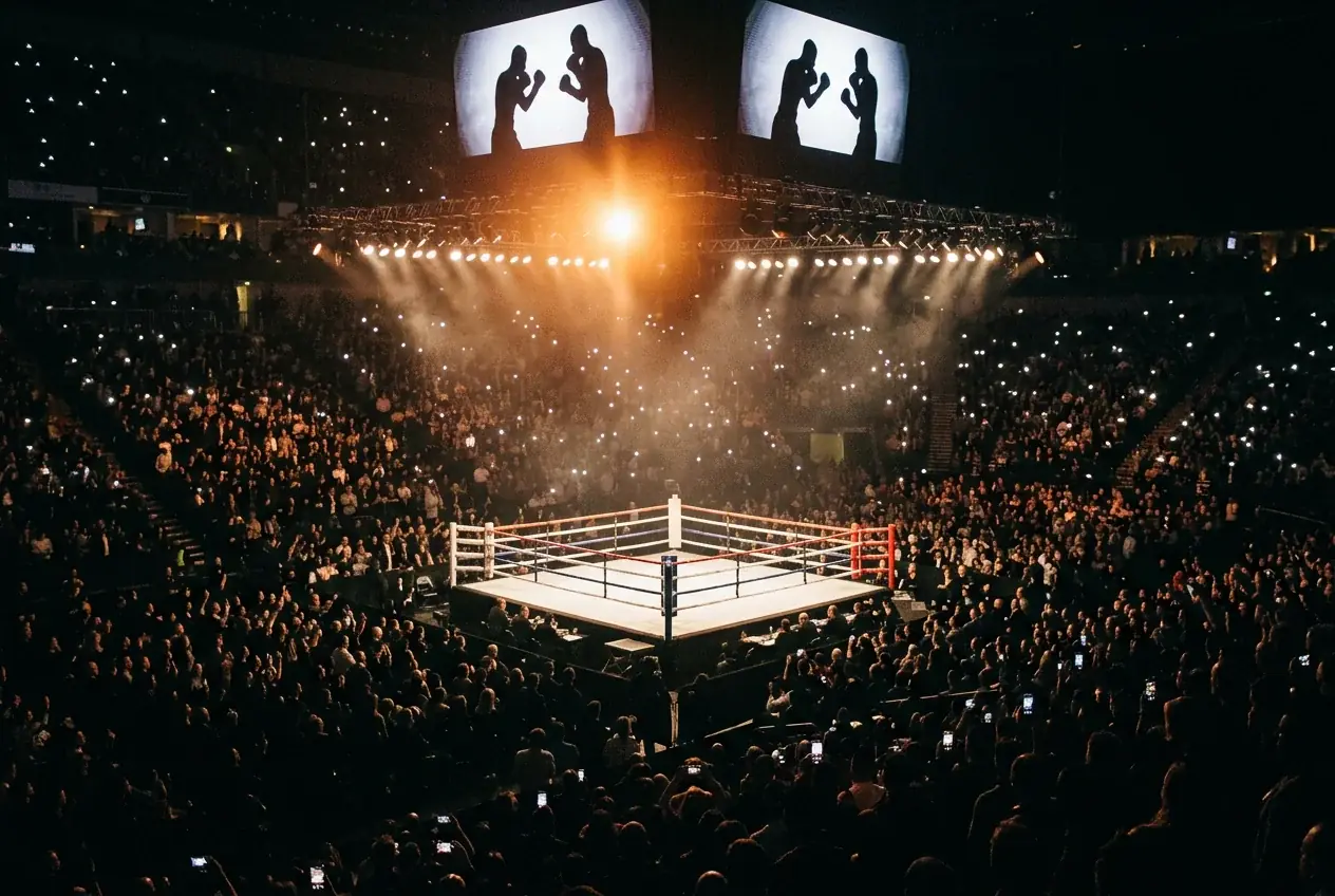 Boxgipfel mit Publikum unter Ringlichtern — globaler Marktkontext für Boxwetten 2025 und 2026